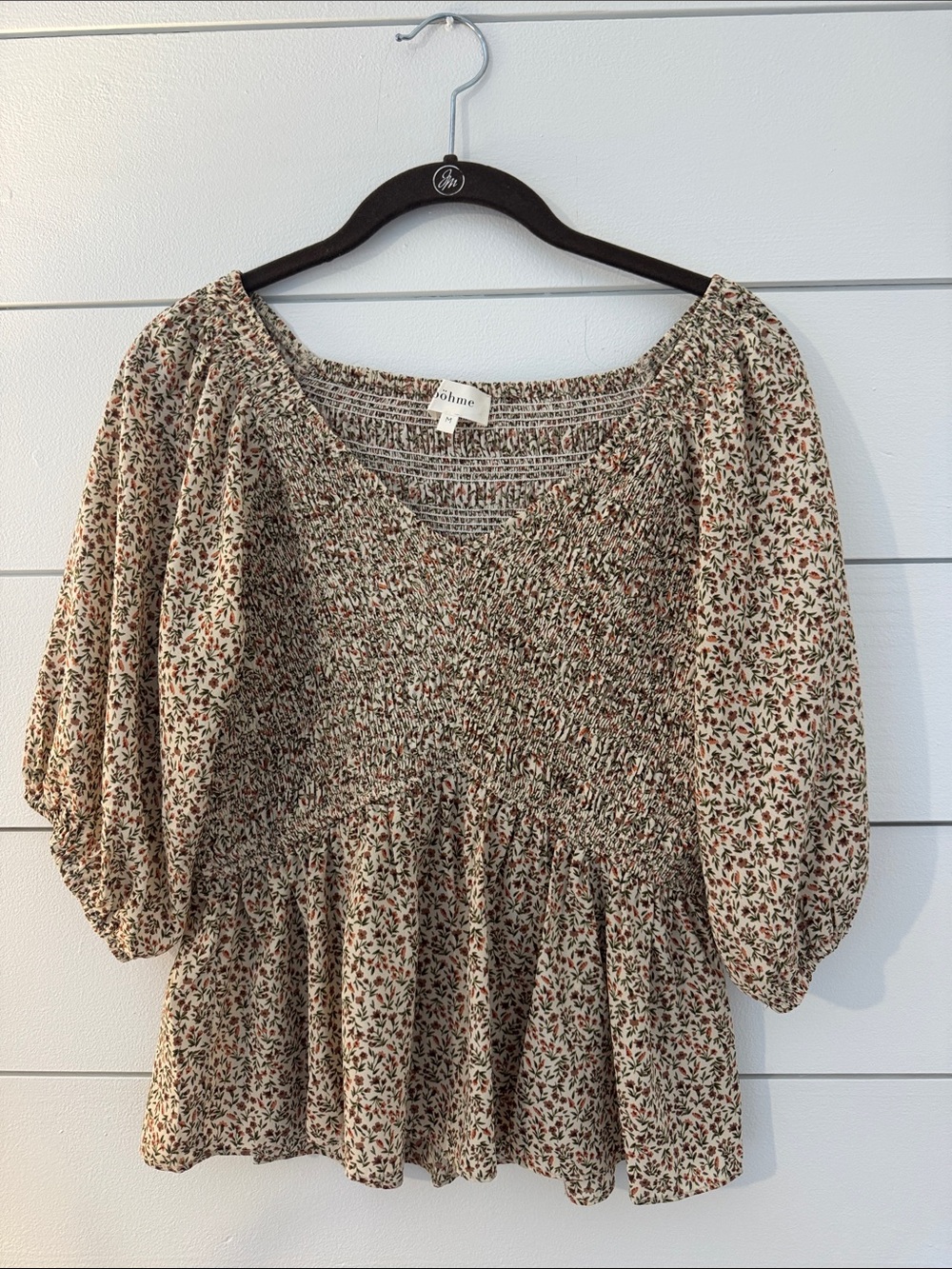 bohme Beige Floral Smocked Peplum Top
